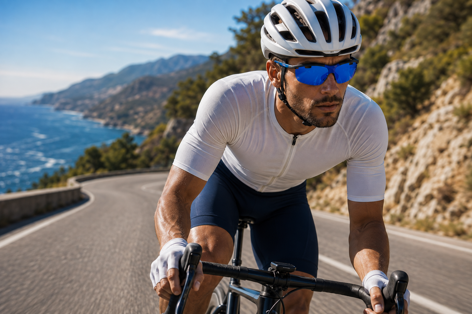 Cyclist on a coastal road wearing Thomas Rhodes performance eyewear